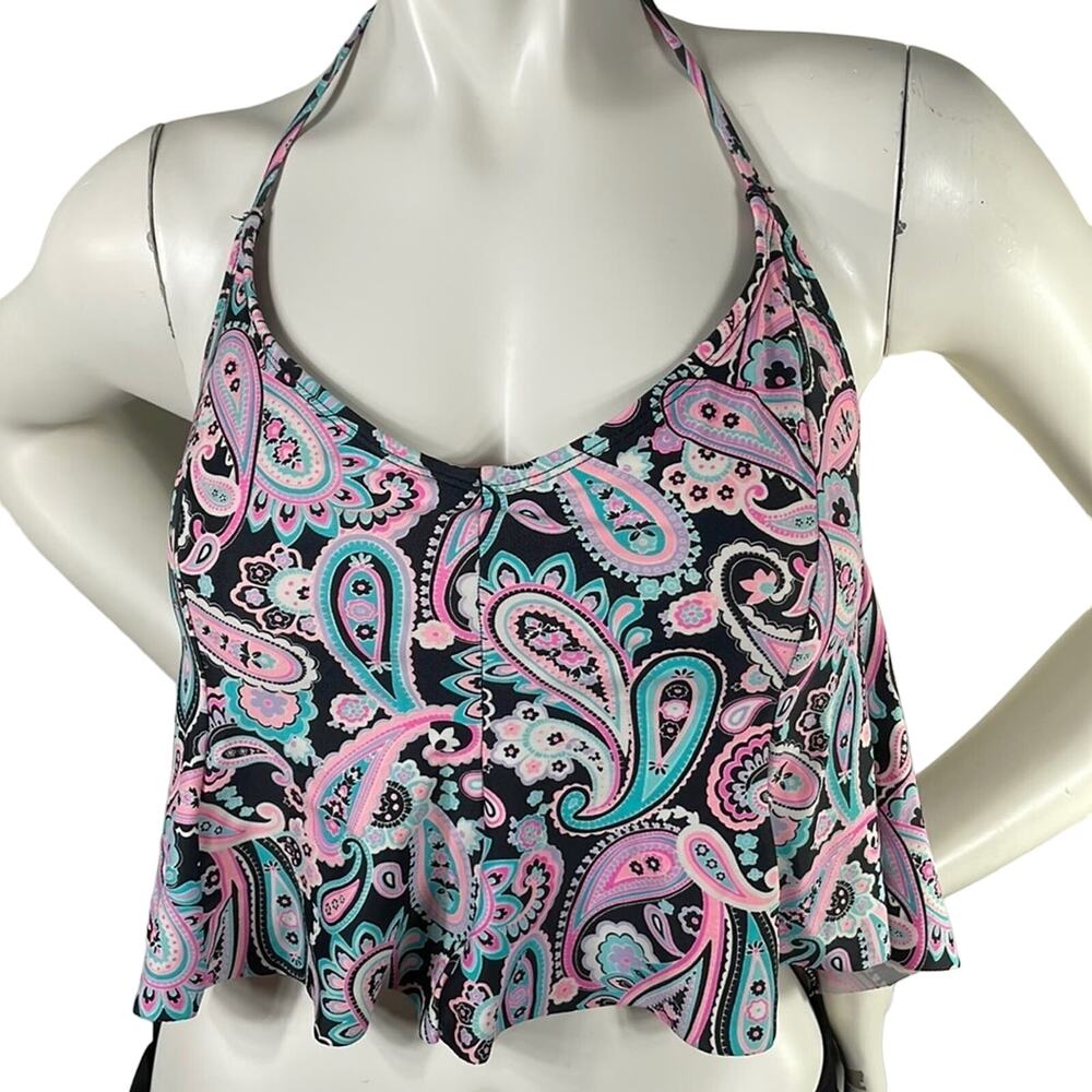 Arizona Jean Halter Swim Top Paisley Blues Pinks Black & White Lightly Padded  L